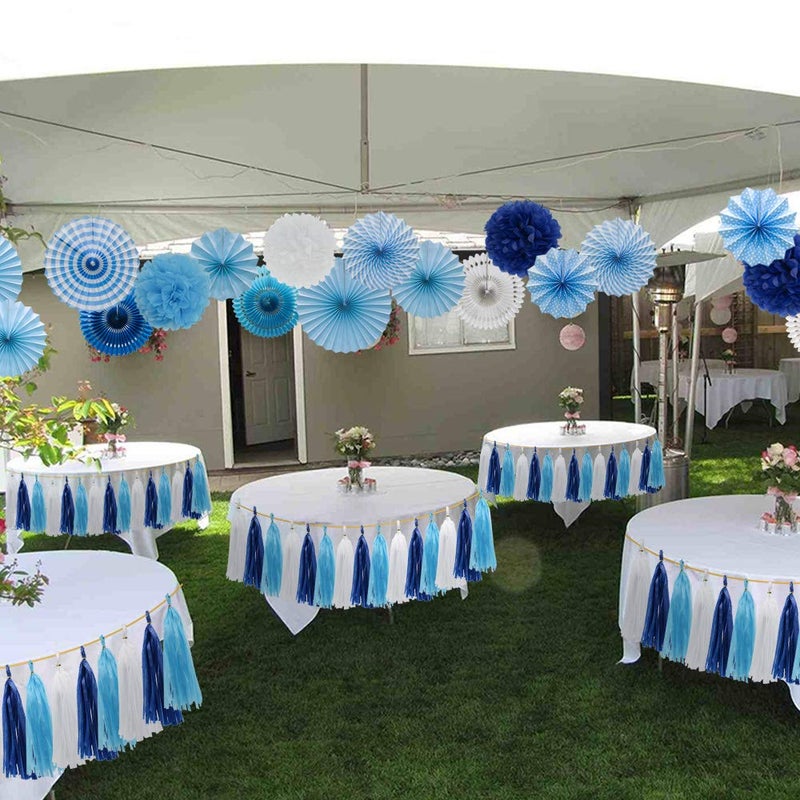 Meiduo Blue Party Decorations Hanging Paper Fans Pom Poms Flowers Tissue Tassel Garland for Elephant Shark Theme Kids Birthday Baby Shower Graduation - Image 4